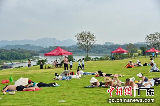 游客在马岭湖大草原上嗮背。马岭观花植物园 供图 游客在马岭湖大草原上嗮背。马岭观花植物园 供图